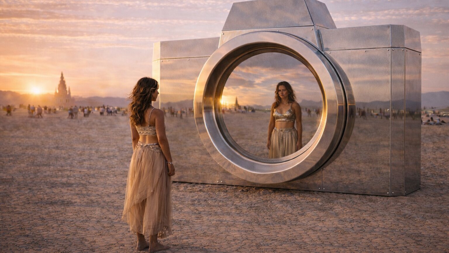 Dreams Never Get Old — a person reflected in the giant mirrored camera lens on the playa at sunset