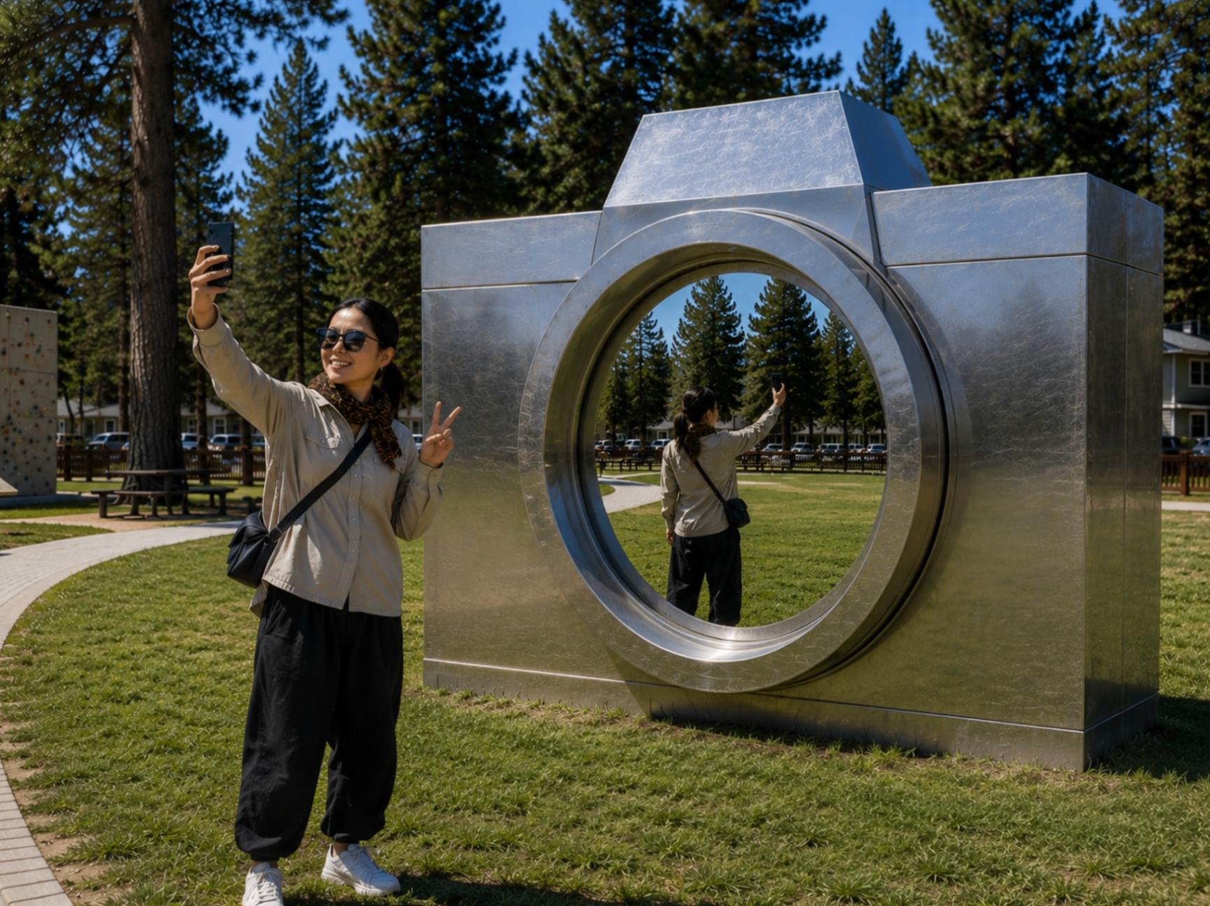 A visitor taking a selfie in front of the mirrored camera sculpture in a Lake Tahoe park