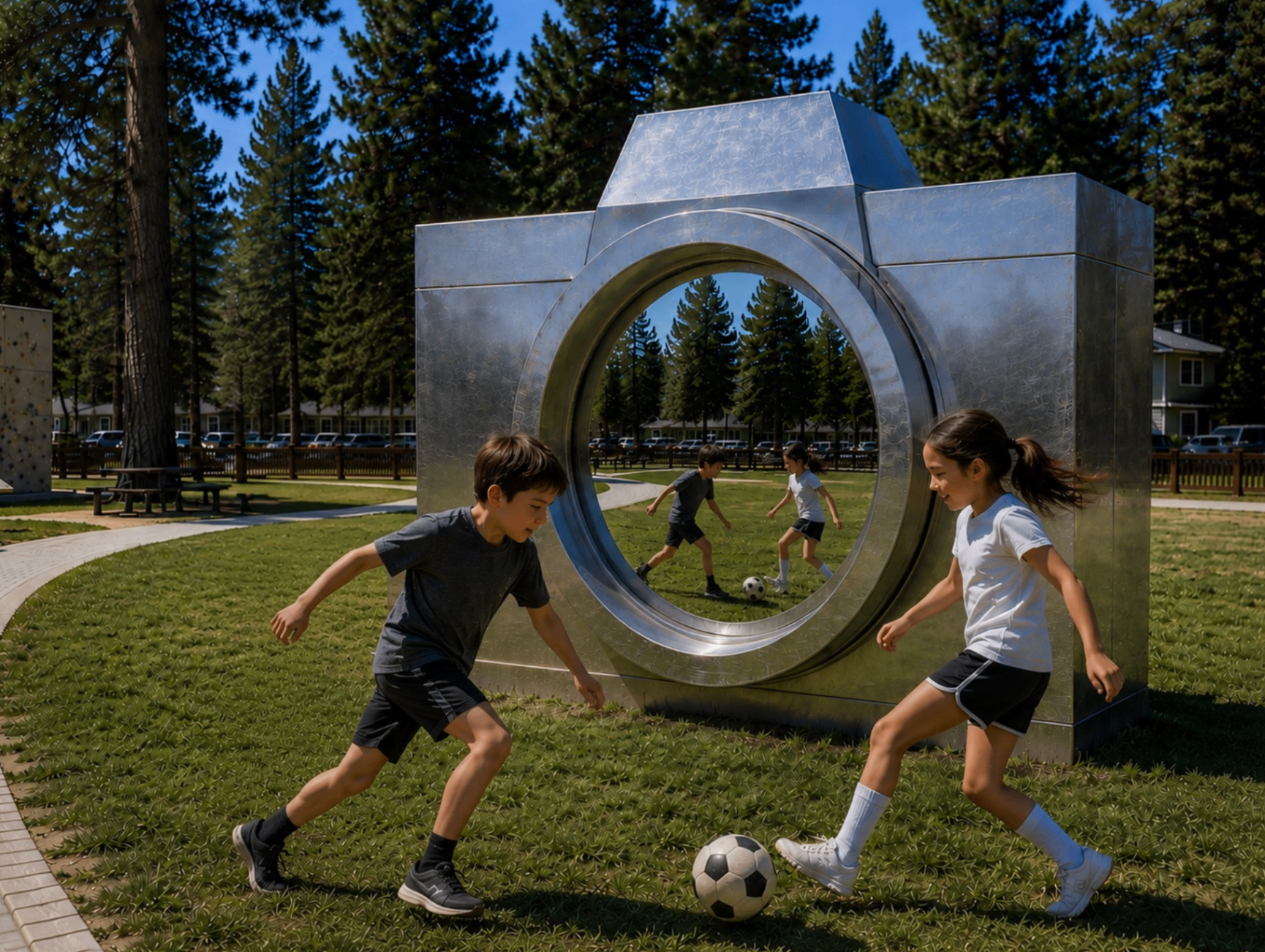 Children playing soccer beside the mirrored camera sculpture in a Lake Tahoe park